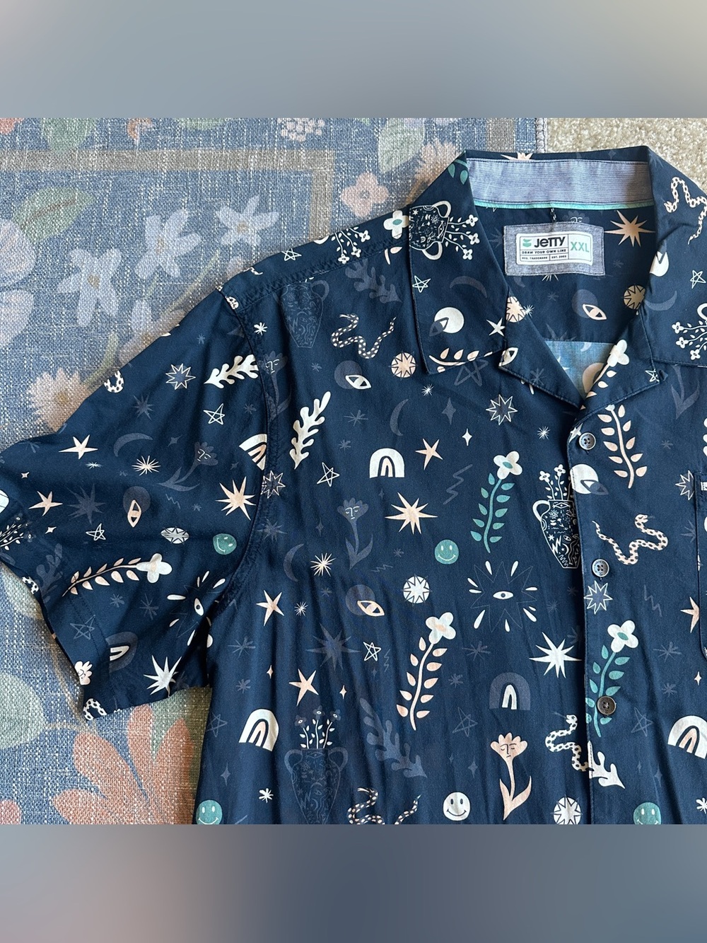 Jetty Navy Short-Sleeve Button-Down Shirt with Whimsical Print